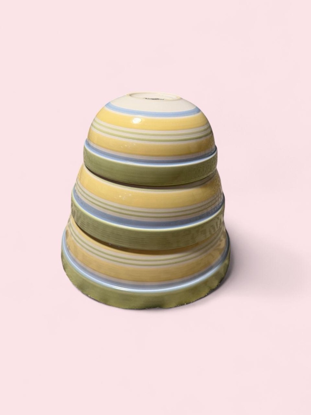 The Pampered Chef Striped Ceramic Nesting Bowls in Yellow and Green